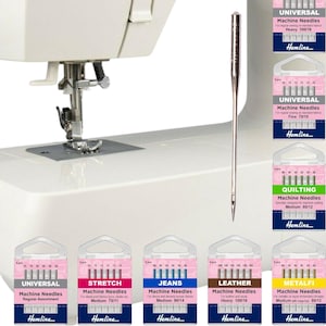May include: Assortment of 10 packs of sewing machine needles in various sizes and types, including universal, stretch, jeans, leather, and metal. Each pack features a different colour and includes the needle size and type. The packs are displayed in front of a white sewing machine.