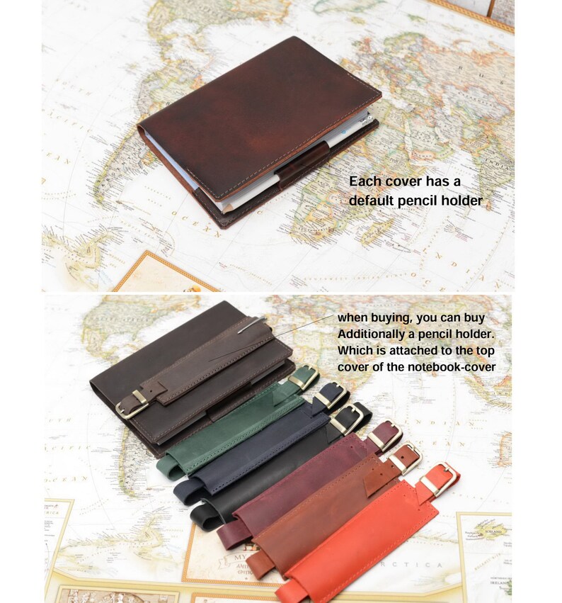 May include: A brown leather notebook cover with a built-in pencil holder. Additional pencil holders are available in various colors, including green, blue, burgundy, brown, and red.