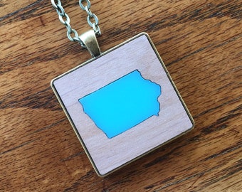 Iowa State Inlay Necklace - Wood & Acrylic - Blue