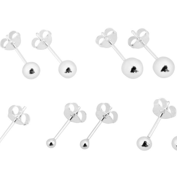 Ensemble de 5 paires de clous d'oreilles boule en argent sterling 925 massif 1 mm, 1,5 mm, 2 mm, 3 mm 4 mm
