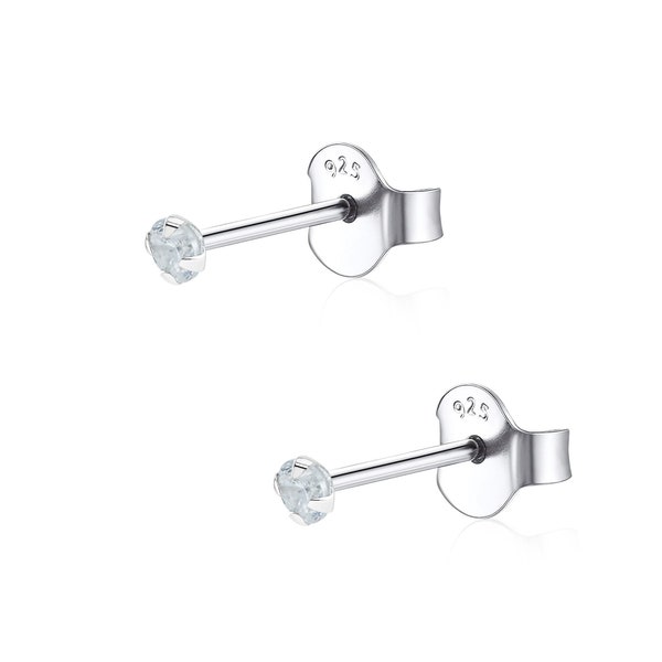 Pair of 925 solid sterling silver 2mm Clear CZ Ear Studs