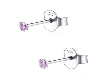 Pair of 925 solid sterling silver 2mm Pink CZ Ear Studs