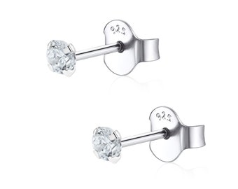 Coppia di orecchini a bottone Clear CZ in argento sterling 925 massiccio da 3 mm