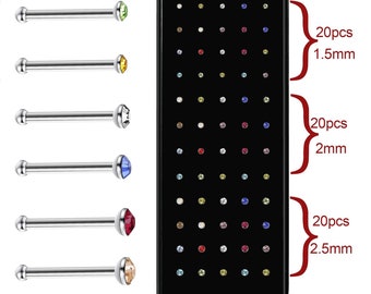Pack of 60 Surgical Steel mixed colour jewel nose studs in 3 sizes 1.5mm/2mm/2.5mm