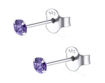 Pair of size 3mm 925 solid sterling silver  Purple CZ Ear Studs