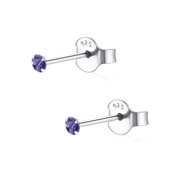Pair of 925 solid sterling silver 2mm Amethyst CZ Ear Studs
