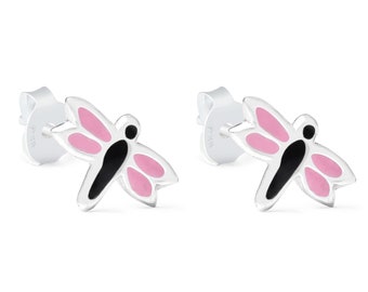 Par de 925 plata de primera ley sólida Pink Dragonfly Ear Studs