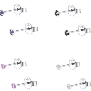 Set of 4 pairs/2mm 4 different colour jewel solid 925 Sterling  Silver cubic Zerconia ear studs