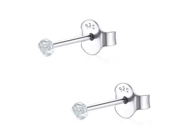 Set of 3 pairs of solid 925 Sterling silver 2mm  ear studs available in 4 different colour jewels
