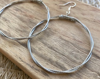 Bike Cable Earrings - Silver Hoops - 90s Style - Recycled Jewellery