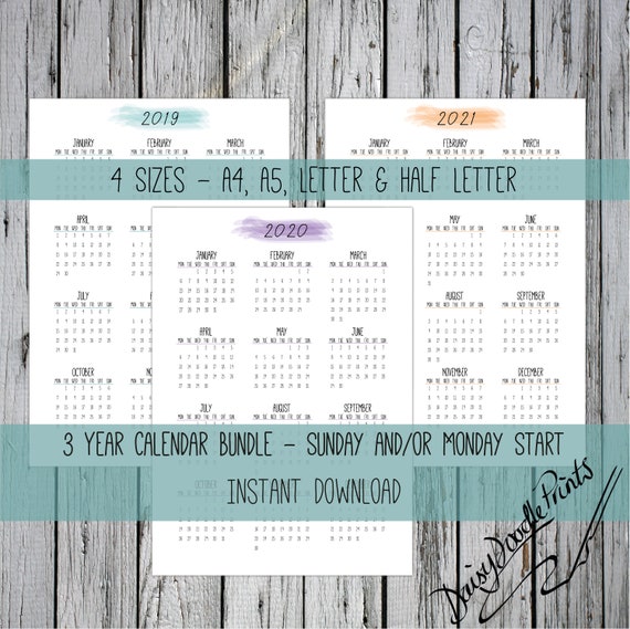 2019 2021 Calendar Printable Calendar Year At A Glance A4 Etsy purchase 2021 and 2019 calendar