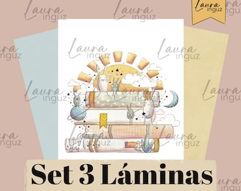 Digital prints in different sizes to frame, cover notebooks, with 3 designs. Front, interior and rear. Laura Inguz