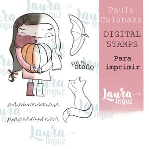 PAULA CALABAZA Digital Seal for PRINTING. Scrapbooking and cardmaking, carding, crafts for adults and children. Laura Inguz