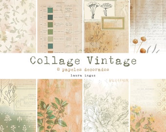 Set Scrapbooking Collage Vintage. 8 Papeles digitales decorados. Scrapbooking, tarjetería, Art Journal, Mixed Media. Laura Inguz