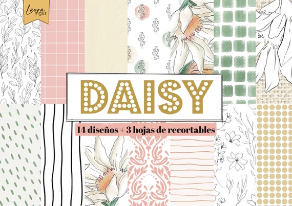 DIGITAL DAISY Papers COLLECTION. 14 decorated papers to print + 3 cut-out sheets. Scrapbook, Cards, Mixed Media. Laura Inguz