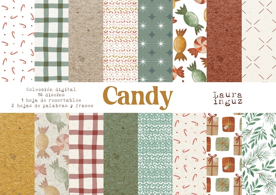 Digital Candy Collection. 16 Decorated papers to print + Cutouts + Phrases. Scrapbooking, Card Making, Journaling. Laura Inguz