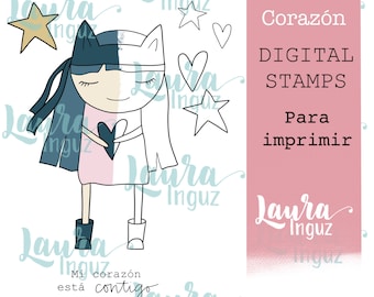 CUCA HEART Digital Stamp to PRINT. Scrapbooking and cardmaking for adults and children. Digistamp By Laura Inguz