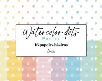 DOTS PASTEL papers watercolor dots. 16 basic decorated designs in 8 colors for Scrapbooking, Cardmaking, Mixed Media. Laura Inguz