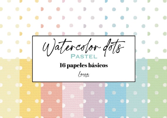 DOTS PASTEL papers watercolor dots. 16 basic decorated designs in 8 colors for Scrapbooking, Cardmaking, Mixed Media. Laura Inguz