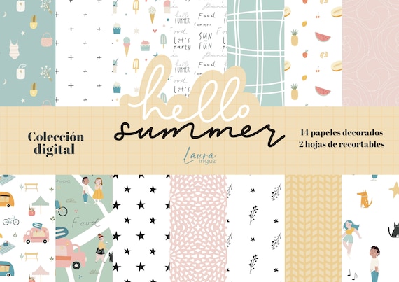 HELLO SUMMER Digital Collection. 14 decorated papers to print + 2 cut-out sheets. Scrapbook, Cards, Mixed Media. Laura Inguz