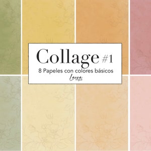 Puede incluir: Collage de ocho papeles digitales de fondo con colores básicos. Los papeles presentan un sutil patrón floral y están en tonos de verde, amarillo, naranja y rosa. El texto "Collage #1 8 Papeles con colores básicos Laura Iniguez" está en el centro de la imagen.