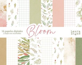 Colección Digital Bloom 16 Papeles decorados + Recortables para imprimir. Scrapbooking, Card Making, Journaling. Laura Inguz