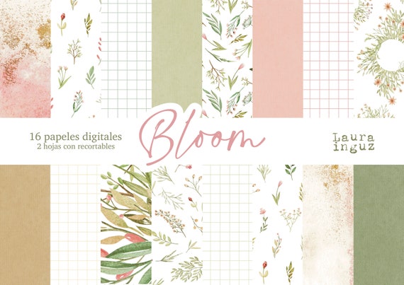 Bloom Digital Collection 16 Decorated Papers + Cutouts to print. Scrapbooking, Card Making, Journaling. Laura Inguz