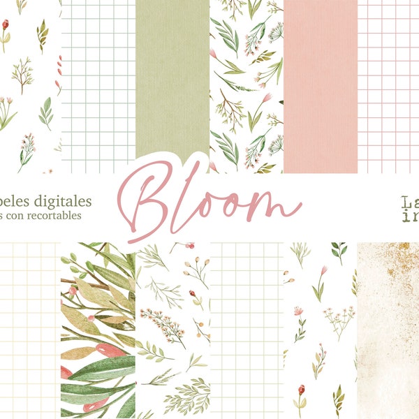 Colección Digital Bloom 16 Papeles decorados + Recortables para imprimir. Scrapbooking, Card Making, Journaling. Laura Inguz