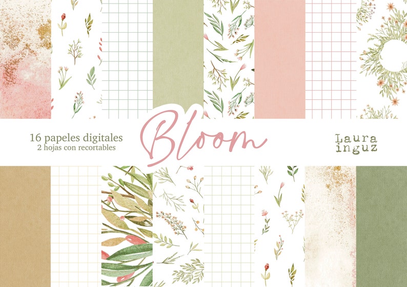 Colección Digital Bloom 16 Papeles decorados Recortables para imprimir. Scrapbooking, Card Making, Journaling. Laura Inguz imagen 1