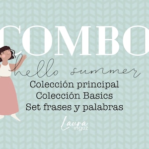 COMBO Hello Summer. Colección + Básicos. 24 Papeles decorados + Recortables + Set Palabras. Scrapbook, tarjetería, Mixed Media. Laura Inguz