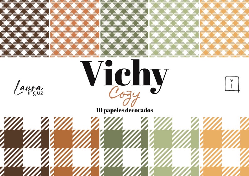 VICHY PUMPKIN. 10 Vichy decorated papers in two sizes and autumnal colors for Scrapbooking, Cardmaking, Mixed Media. Laura Inguz image 1