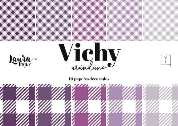 Vichy BLUEBERRY. 10 Vichy decorated papers in two sizes and purple colors for Scrapbooking, Cardmaking, Mixed Media. Laura Inguz