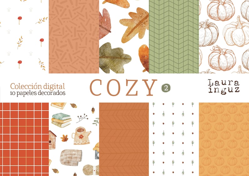 COZY Digital Collection 2 10 Decorated papers to print. Scrapbook, Card Making, Journal. Laura Inguz image 1