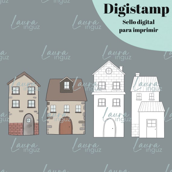 Digital Stamp HOUSES to PRINT of Winter and Christmas. Scrapbooking and cardmaking for adults and children. Digistamp By Laura Inguz