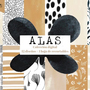 Colección ALAS. 13 Papeles digitales A4 decorados para imprimir. Scrapbooking, tarjetería, Art Journal, Mixed Media. Laura Inguz