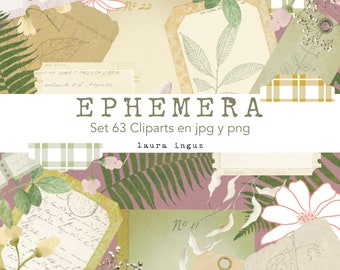 More than 60 EPHEMERA Cliparts in JPG and PNG to print. Junk Journal, Scrapbooking, Cards, Art Journal, Mix Media. Laura Inguz
