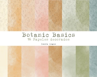 Set Scrapbooking Botanic Basics. 16 Papeles digitales decorados. Scrapbooking, tarjetería, Art Journal, Mixed Media. Laura Inguz