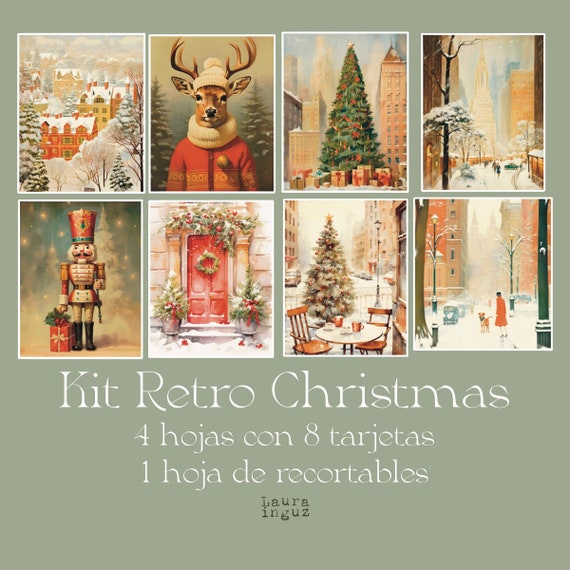 Kit of 8 Retro Christmas cards + Cutouts to print. Scrapbooking, Card Making, Journaling. Laura Inguz