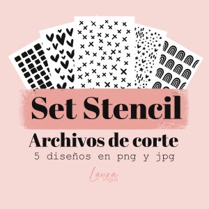 Set STENCIL #1 Cut File 5 Archivos - Archivo de corte PNG y jpg - Digitroquel para Scrapbooking, manualidades, project life. Laura Inguz