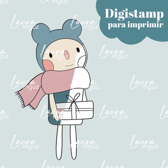 Girl Mouse Digital Stamp to PRINT Winter and Christmas. Scrapbooking and cardmaking for adults and children. Digistamp By Laura Inguz