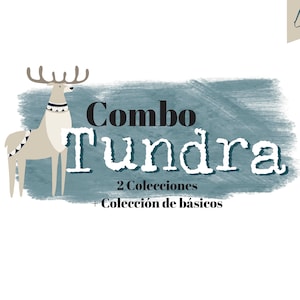 Puede incluir: Un fondo azul de acuarela con un reno de dibujos animados y el texto "Combo Tundra 2 Colecciones + Colección de básicos".