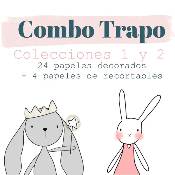 COMBO TRAPO 1 + 2 de Papeles DIGITALES. Papeles decorados para imprimir. Scrapbooking, tarjetería, Mixed Media. Laura Inguz