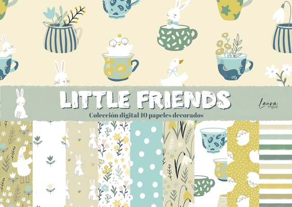 LITTLE FRIENDS Digital Collection. 10 Decorated papers to print. Scrapbook, Cards, Mixed Media. Laura Inguz