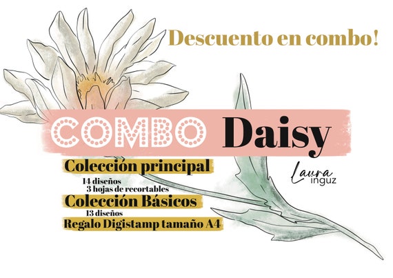 COMBO Daisy. Collection + Basic 27 Decorated Papers + GIFT + Cutouts to print. Scrapbook, cards, Mixed Media. Laura Inguz