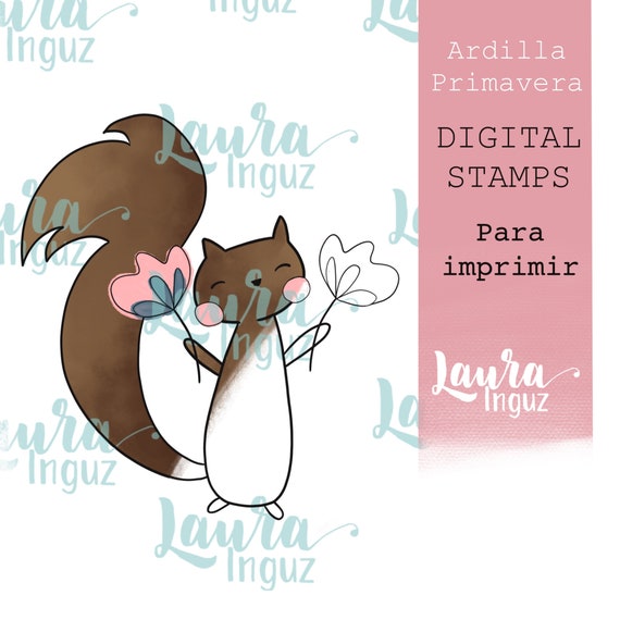 SPRING SQUIRREL Digital Stamp to PRINT. Scrapbooking and cardmaking for adults and children. Digistamp By Laura Inguz