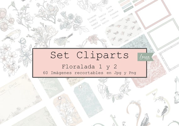 60 Floral Cliparts to print, cut out, use with plotter. Stationery, Scrapbooking, Cards, Art Journal, Mixed Media. Laura Inguz