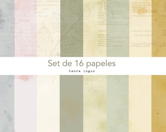 Botanical Scrapbooking Set. 16 Decorated digital papers. Scrapbooking, card making, Art Journal, Mixed Media. Laura Inguz