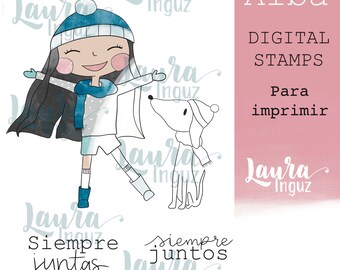 ALBA Digital Stamp to PRINT for Winter and Christmas. Scrapbooking and cardmaking for adults and children. Digistamp By Laura Inguz