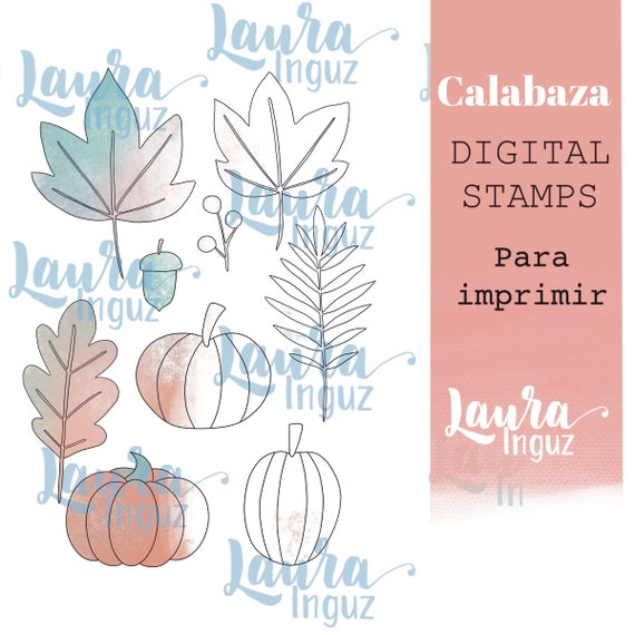 Digital Stamp LEAVES and PUMPKINS to PRINT. Scrapbooking and cardmaking for adults and children. Digistamp By Laura Inguz