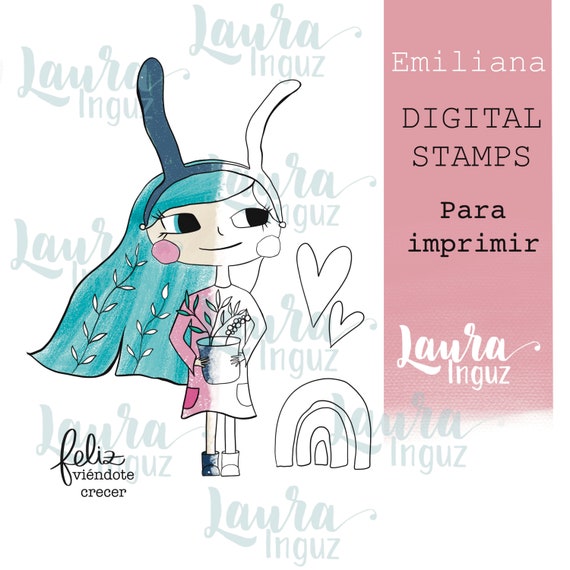 DIGITAL STAMP - Emiliana cuidadora de plantas, to PRINT. Scrapbooking and cardmaking for adults and children